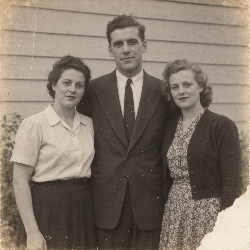 A sepia-toned, aged family photograph shows a dark-haired woman in a light blouse, a tall man in a dark suit and tie, and a light-haired woman in a cardigan and patterned dress standing close together before a clapboard wall. Dust specks and a faint vertical scratch mark the image; a large irregular off-white tear cuts into the lower-right edge.
