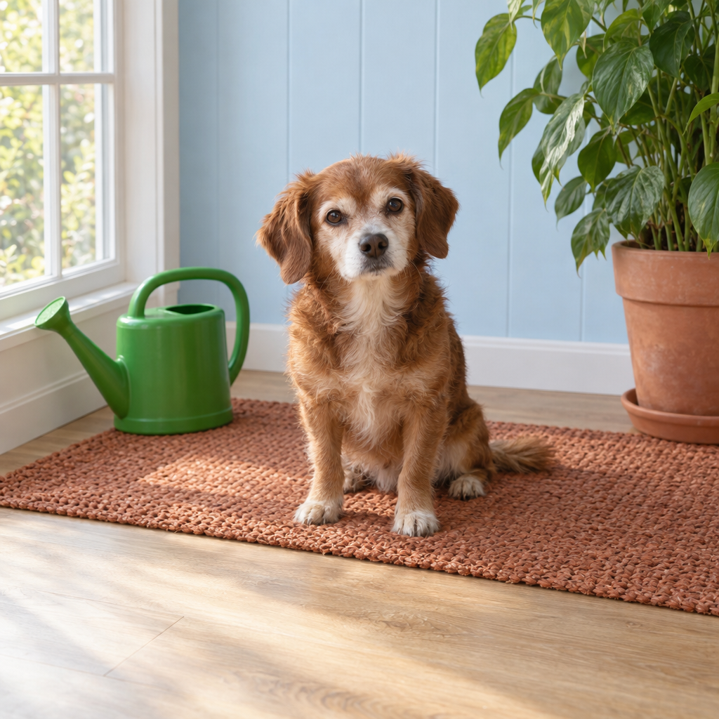 A small chestnut-brown dog with a cream muzzle sits centered on a rust-colored woven mat, with a green watering can to the left and a leafy potted plant at the right in a bright sunroom.