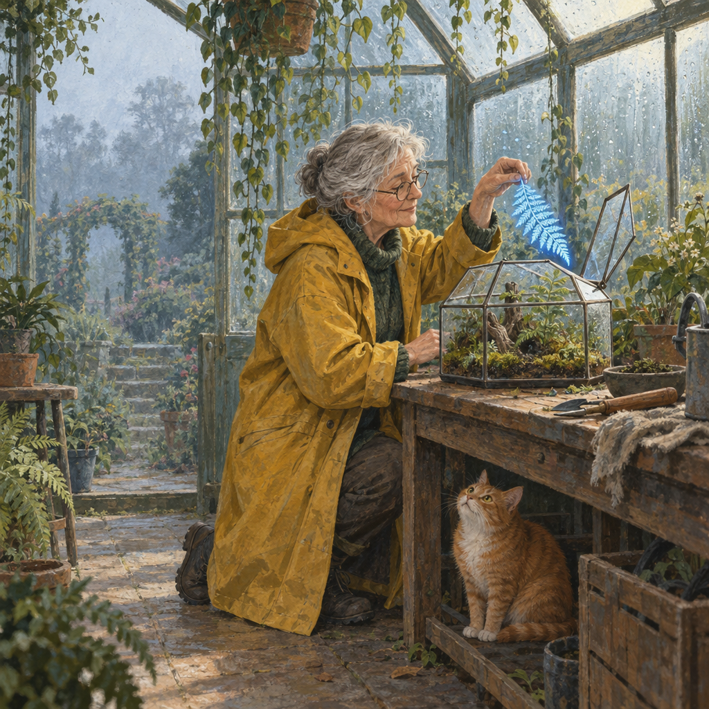 An elderly woman in a mustard raincoat kneels at a wooden greenhouse workbench, holding a glowing blue fern above an open glass terrarium while an orange cat watches beneath the bench; hanging vines, misty garden views, and condensation-covered panes fill the square composition.