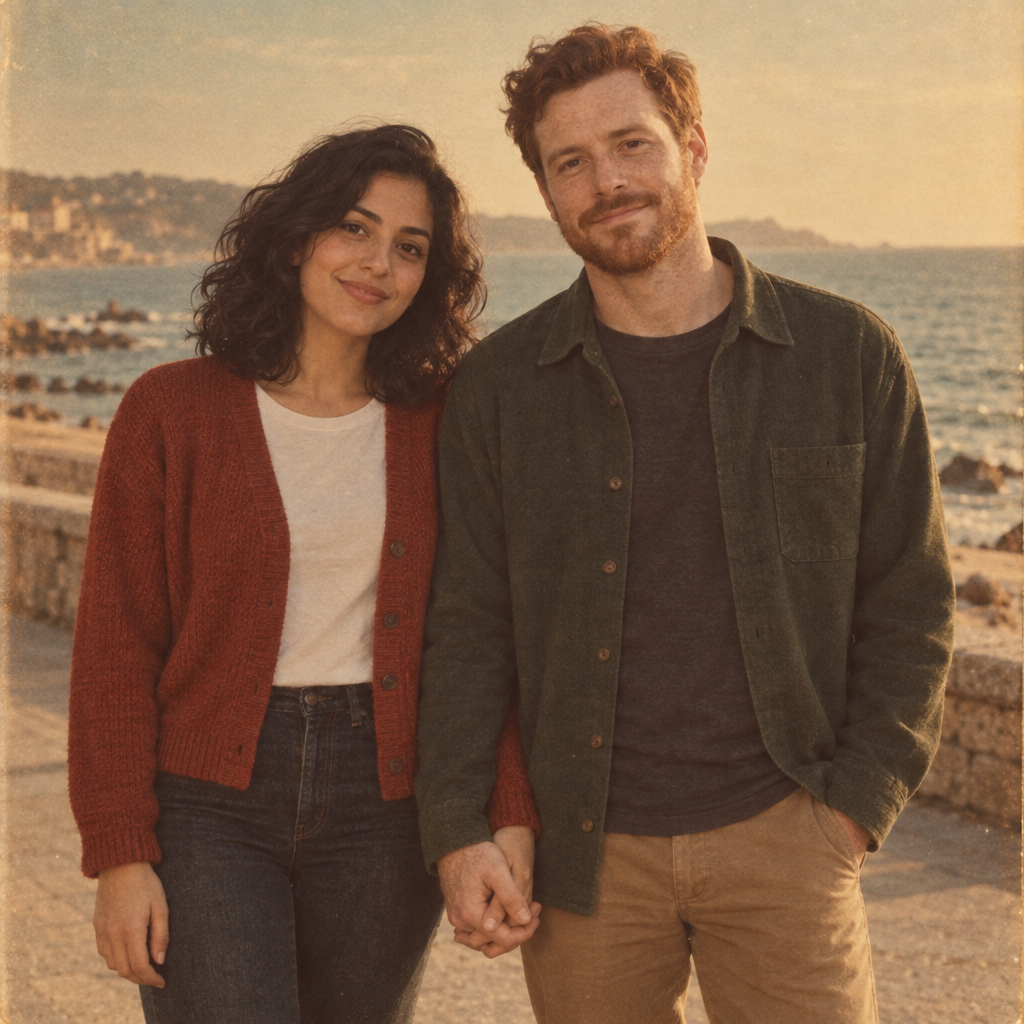 A woman in a rust-red cardigan and a man in a dark green overshirt stand close together, holding hands and smiling at the camera on a seaside promenade. The ocean and a low stone wall are behind them in warm, grainy light.