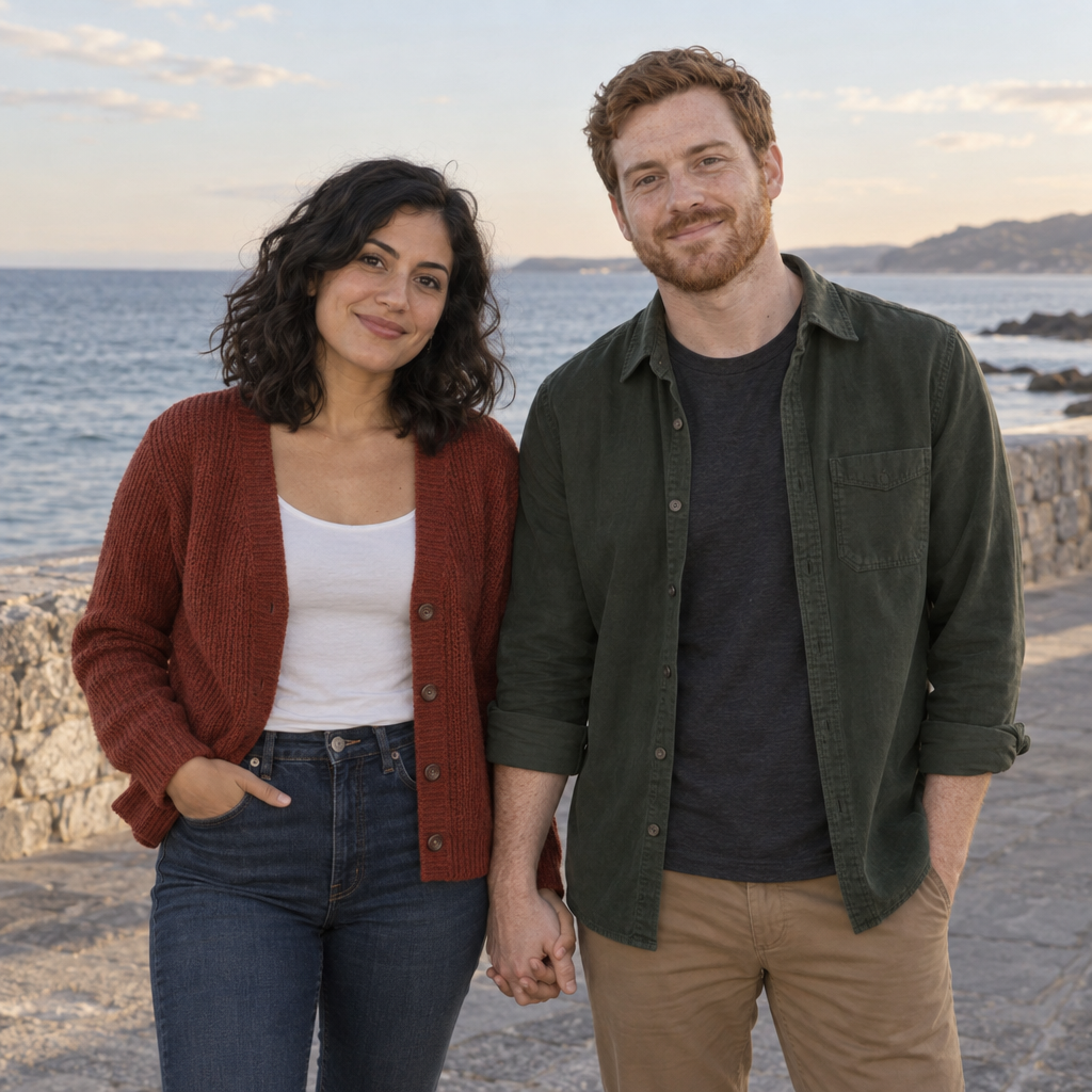 A woman in a rust-red cardigan and a man in a dark green overshirt stand close together, smiling at the camera and holding hands on a seaside promenade, with the ocean and a low stone wall behind them.
