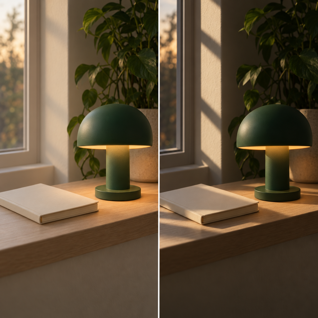 Side-by-side images of a glowing green mushroom-shaped lamp and a closed cream notebook on a wooden ledge, with leafy plants and a window behind them; the right image has stronger shadows.