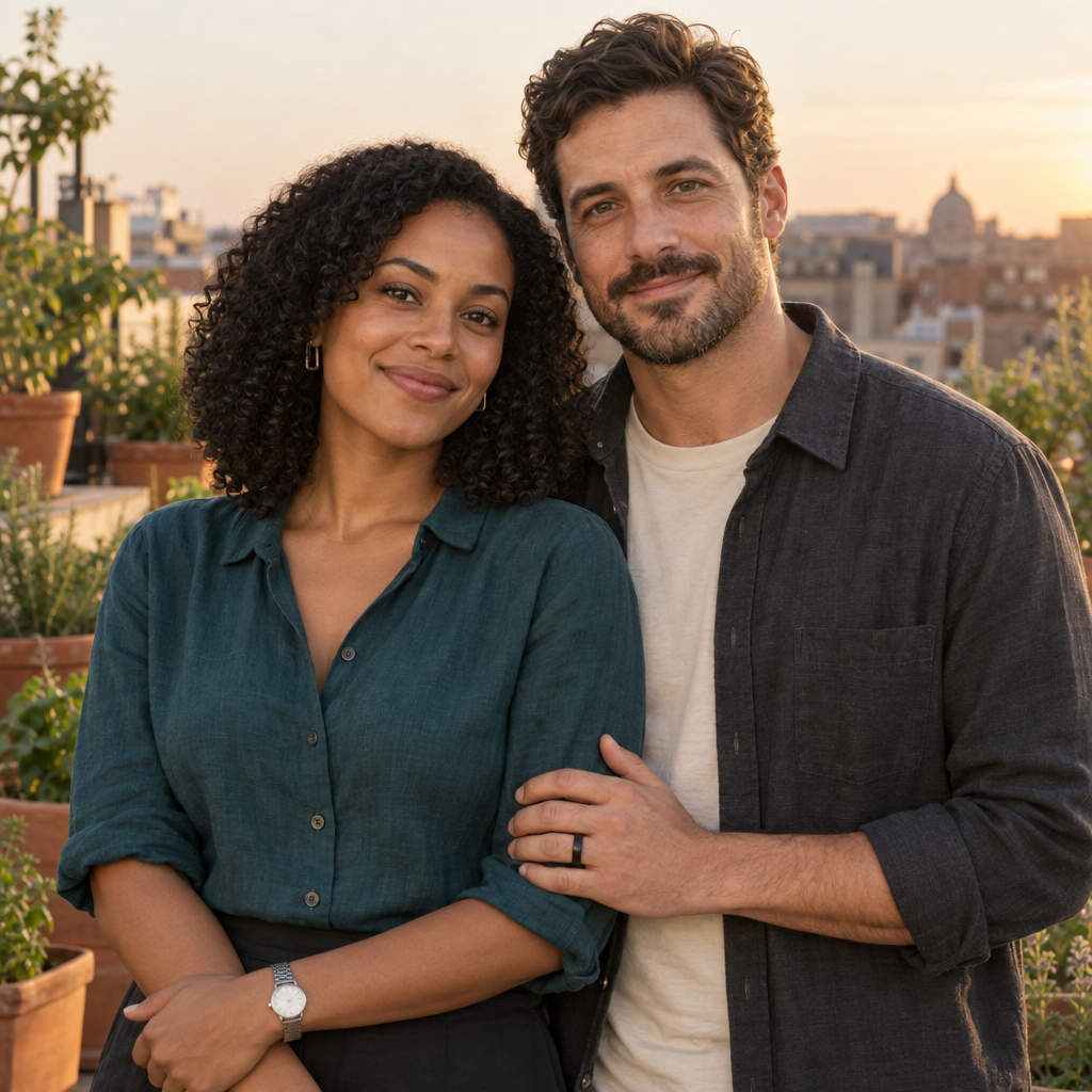 Photorealistic waist-up portrait of a smiling woman in a teal blouse and a bearded man in a charcoal overshirt standing closely together on a sunlit rooftop garden, with blurred city buildings behind them; his hand rests on her upper arm.