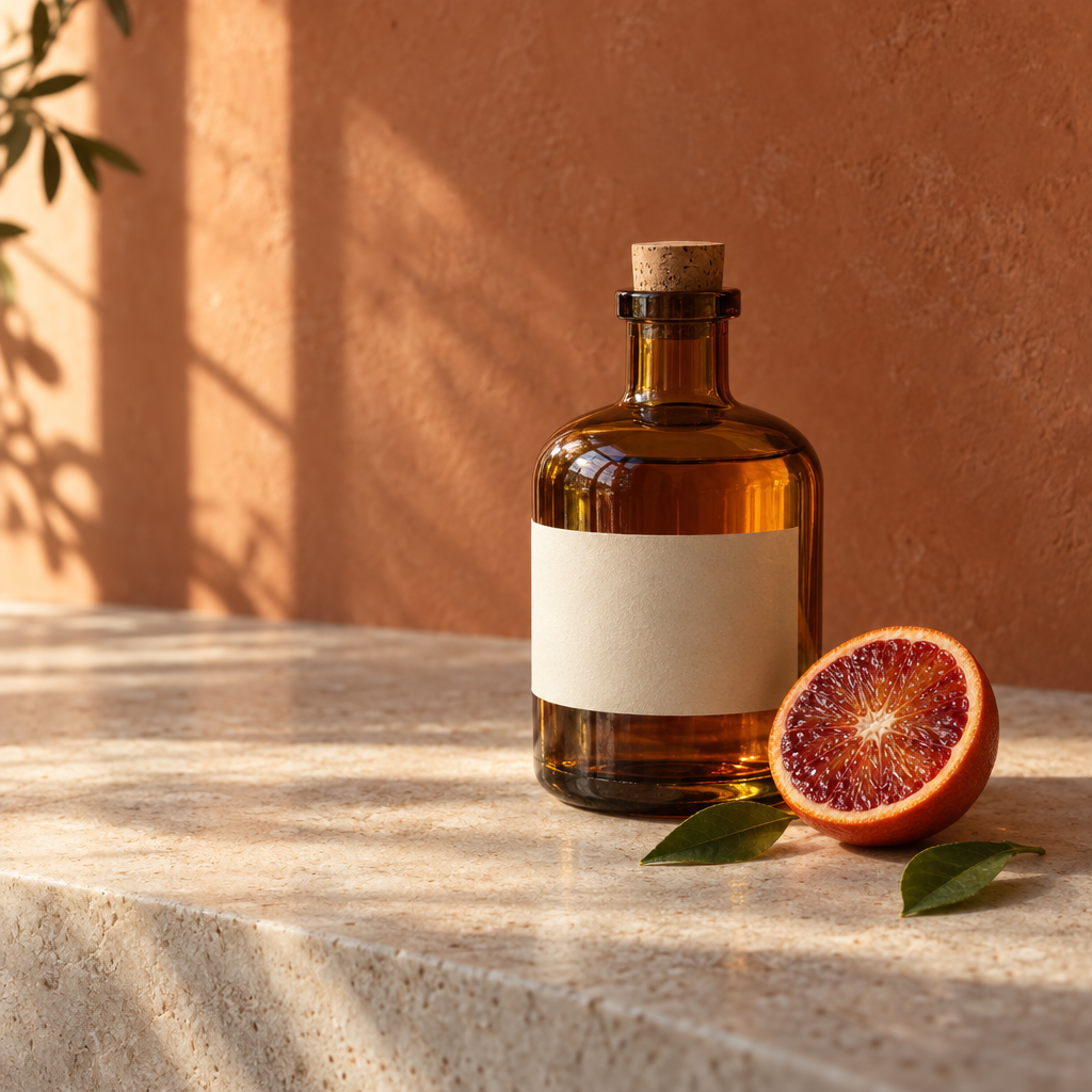 An amber-glass bottle with a blank cream label stands right of center on a pale stone counter beside a cut blood orange and two green leaves. Warm sunlight falls across the scene against a terracotta wall, with open space on the left and leafy shadows near the upper-left edge.
