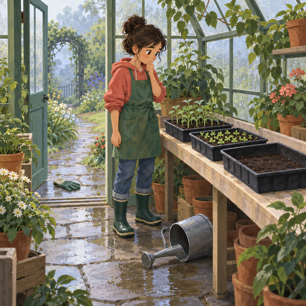 A young gardener in a coral top and green apron pauses beside a bench with two trays of seedlings and one empty tray. A tipped watering can lies on the wet stone floor, and a glove rests near the open greenhouse door; leafy plants frame the scene.