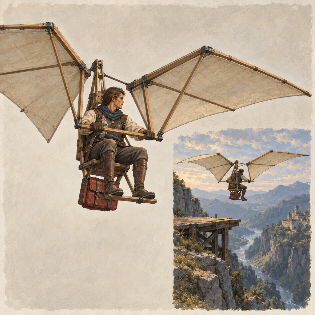 Painterly concept board showing a seated courier piloting a wooden, linen-winged glider with a red satchel, plus a smaller view of the glider flying above a cliffside valley and launch platform.