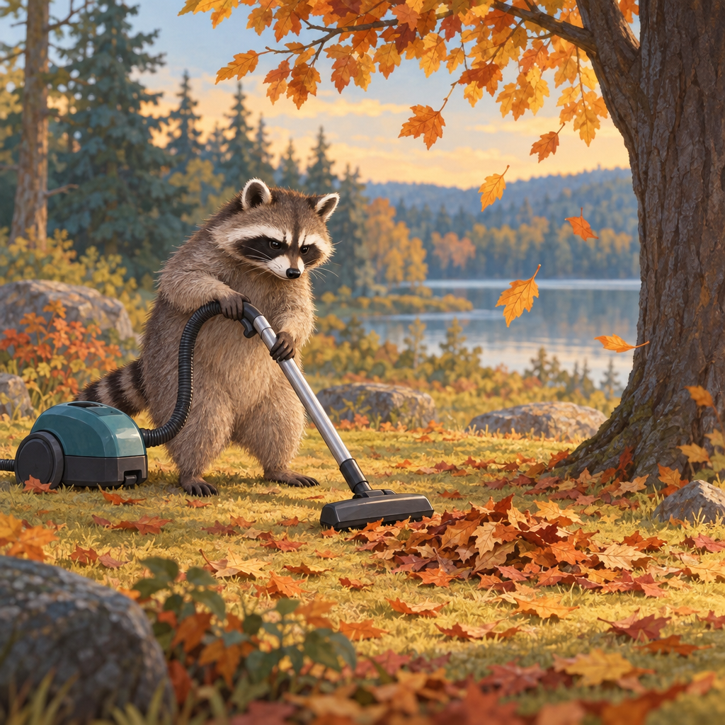 A focused raccoon holds a vacuum over fallen leaves beneath an orange-leaved tree, with more leaves drifting through a sunlit forest clearing beside a lake.