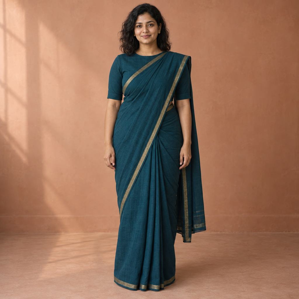 A woman with shoulder-length wavy black hair stands facing the camera in a deep teal saree with a narrow gold border, against a softly lit terracotta wall and floor.