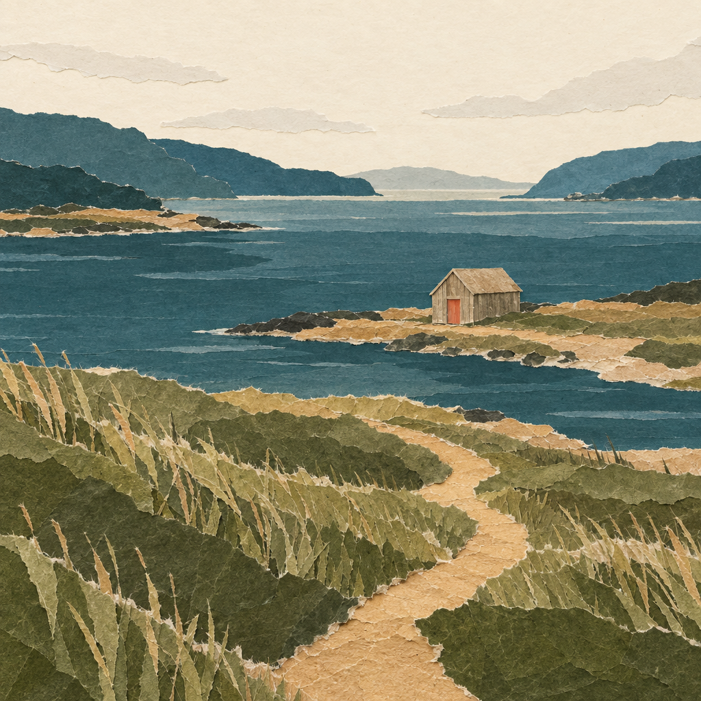 Torn-paper coastal landscape with a winding path, blue water and a small wooden hut with an orange door.