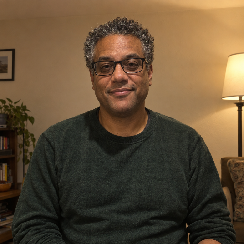 A centered, waist-up portrait of a salt-and-pepper-curled adult in rectangular glasses and a dark green sweater, seated against a beige wall; a plant and shelves are visible at left and a lit floor lamp at right.