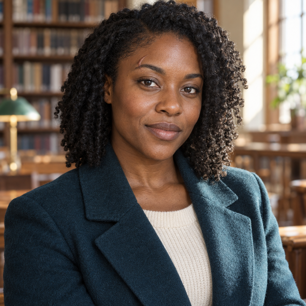 Chest-up portrait of a dark-skinned woman with shoulder-length natural coils and a small scar above one eyebrow, wearing a deep teal jacket over a cream knit top in a softly blurred, sunlit library.