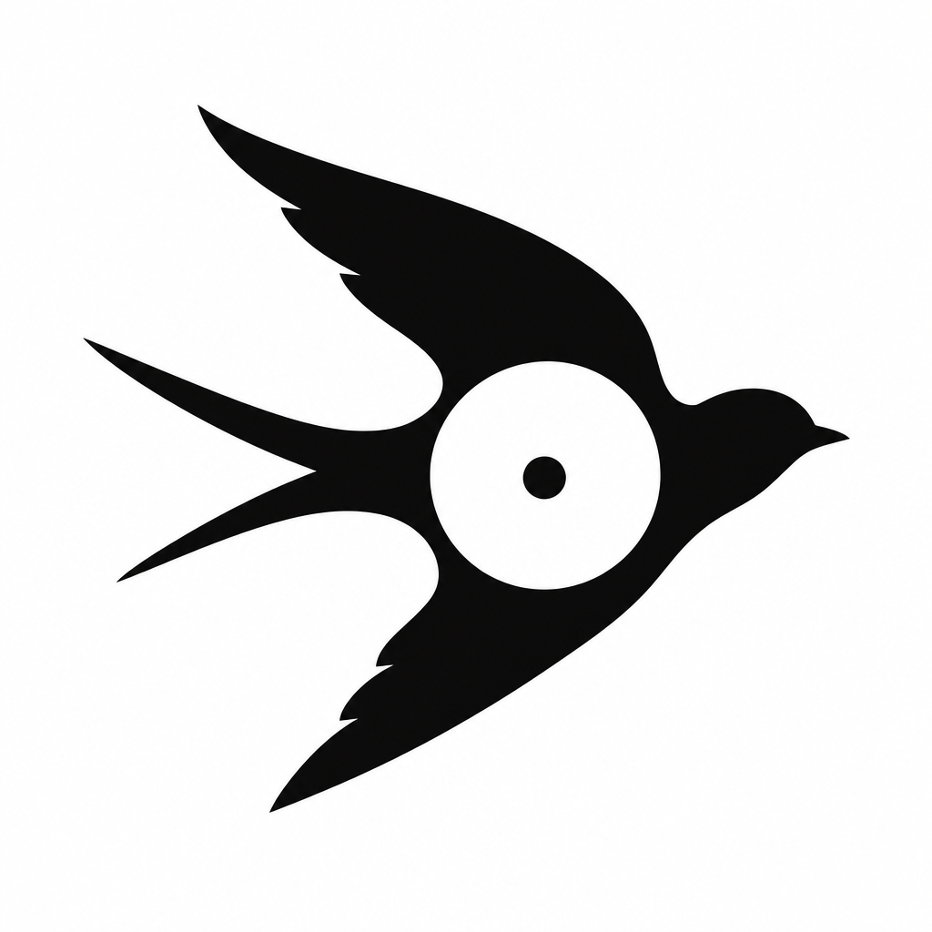 A centered solid-black swallow in side profile, with swept wings and a forked tail, contains a large white circular wheel opening with a small black hub; generous white margins surround the mark.