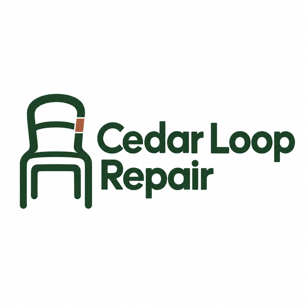 A forest-green chair-shaped continuous loop symbol with a small warm-clay repair segment appears to the left of bold text reading “Cedar Loop” over “Repair” on a white background.