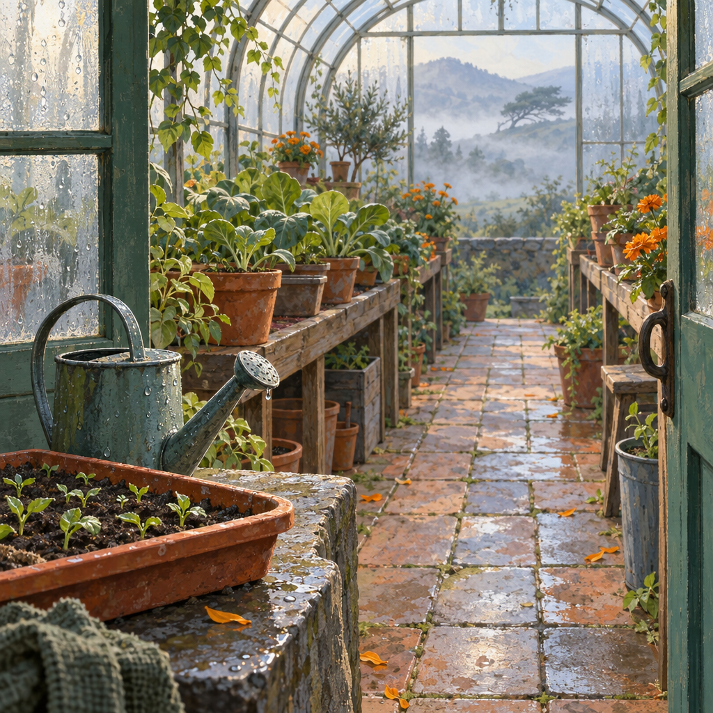 Viewed through an open greenhouse doorway, a damp stone ledge with a terracotta seed tray and watering can fills the foreground. Rows of potted leafy plants and orange marigolds flank a wet tiled path leading toward misty hills and a wind-bent tree beyond the curved glass.