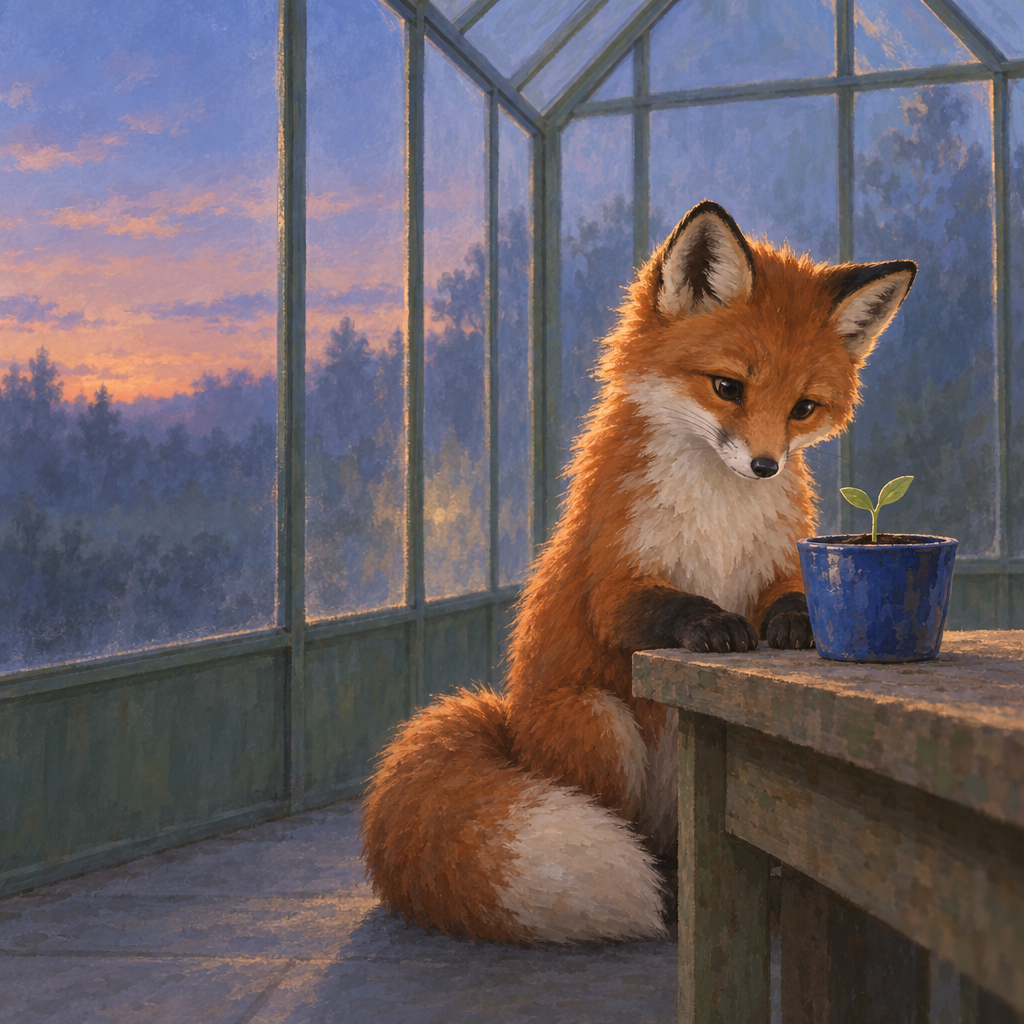 A russet-red fox with a cream muzzle and chest sits beside a wooden bench, its paws resting on the bench as it looks down at a two-leaf sprout in a cobalt-blue pot. The fox’s full tail curls on the floor; greenhouse panes frame the scene, with a dusk sky and open space to the left.
