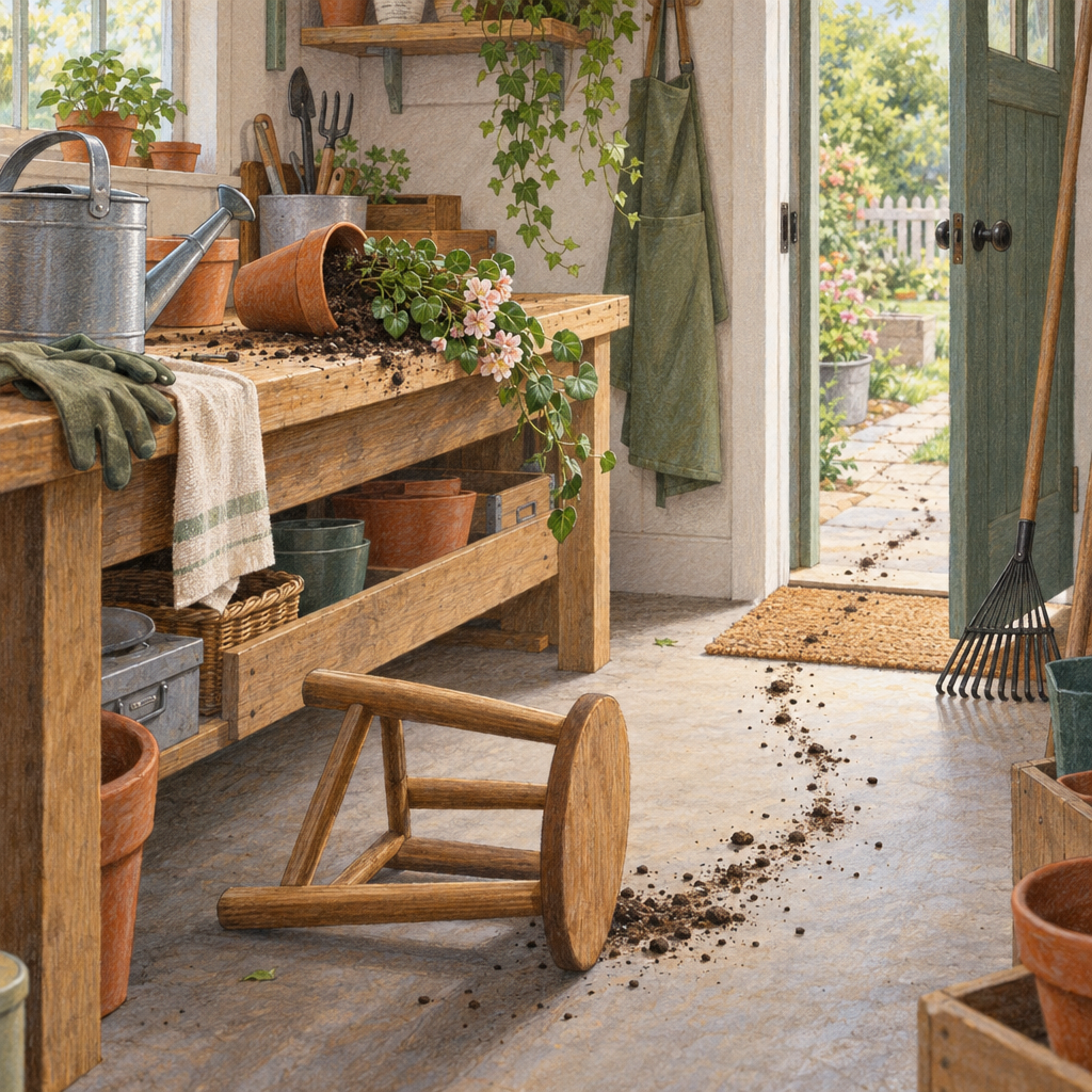 A sunlit potting workspace with a wooden stool overturned on the floor, a watering can and tipped flowerpot on a workbench, and a trail of soil extending toward an open back door.