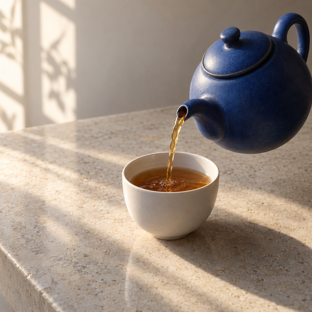 A cobalt-blue teapot pours tea into a white cup on a pale stone counter. The teapot and cup occupy the center and right, leaving open counter space on the left.