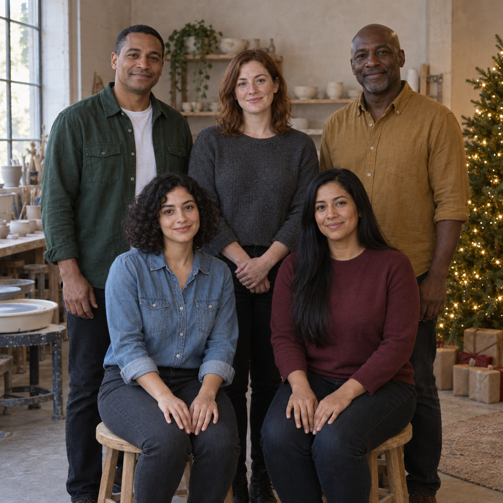 Five adults pose facing the camera in a pottery studio: three stand behind two seated on wooden stools, whose hands rest on their knees. Shelves of pottery and a wheel sit in the background, with a lit evergreen tree and wrapped gifts at the right.