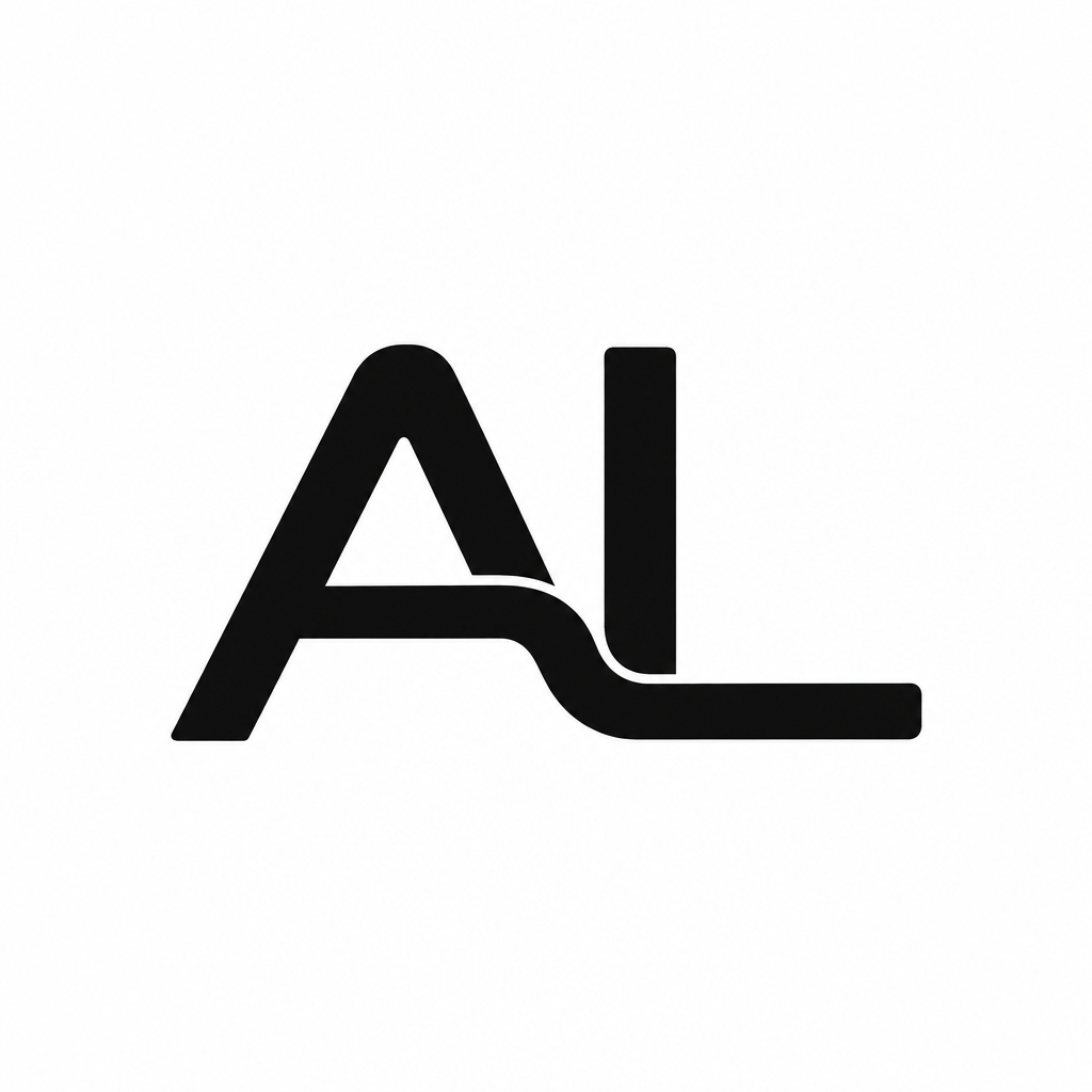 A centered black AL monogram on white: a bold geometric A connects through its crossbar into a tall vertical L and extended baseline with a smooth curved transition.