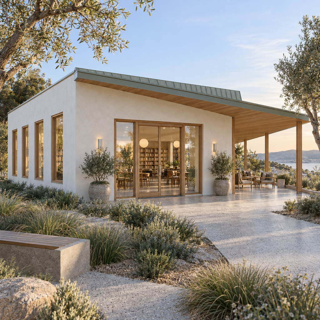 Photorealistic single-story reading pavilion viewed from the front-left, with a centered glazed entrance, four tall side windows, and a timber-lined covered terrace. Native grasses, olive trees, seating, warm interior light, and a distant waterside landscape surround the pale plaster building.