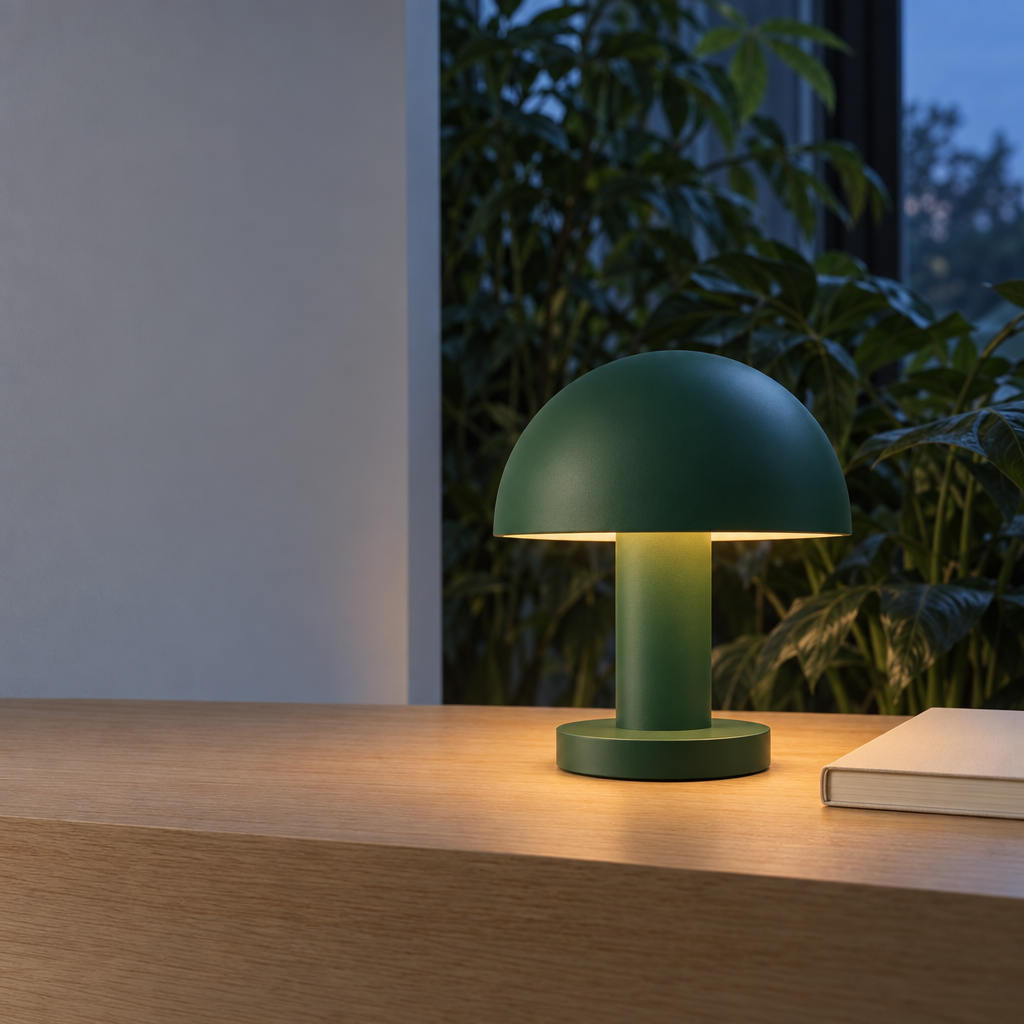 A glowing dark-green mushroom-shaped lamp and a closed cream notebook sit on an oak tabletop. Leafy plants fill the background behind them, while a blank pale wall occupies the left side.
