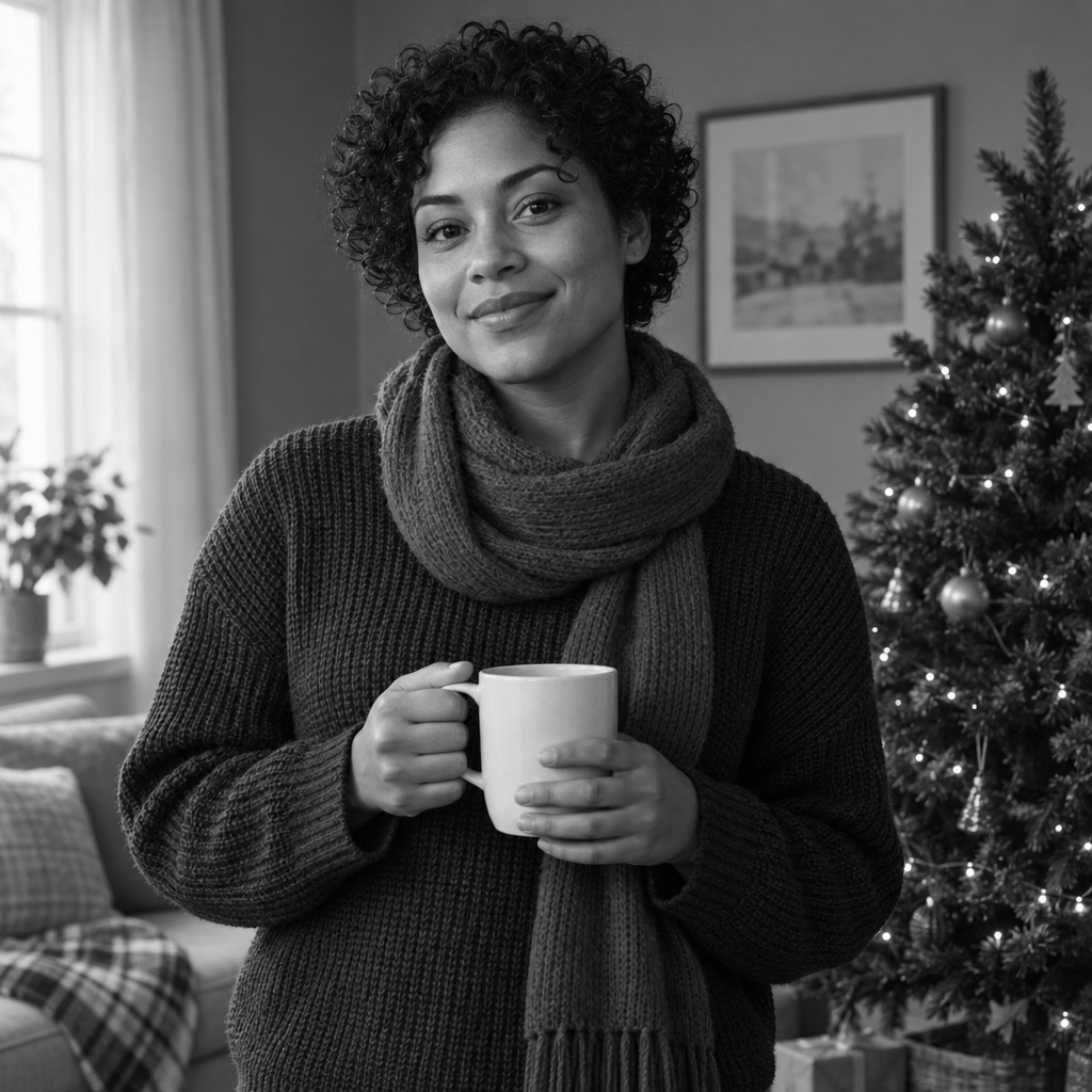 A curly-haired person in a textured sweater and scarf holds a mug in front of a Christmas tree in a softly lit living room.