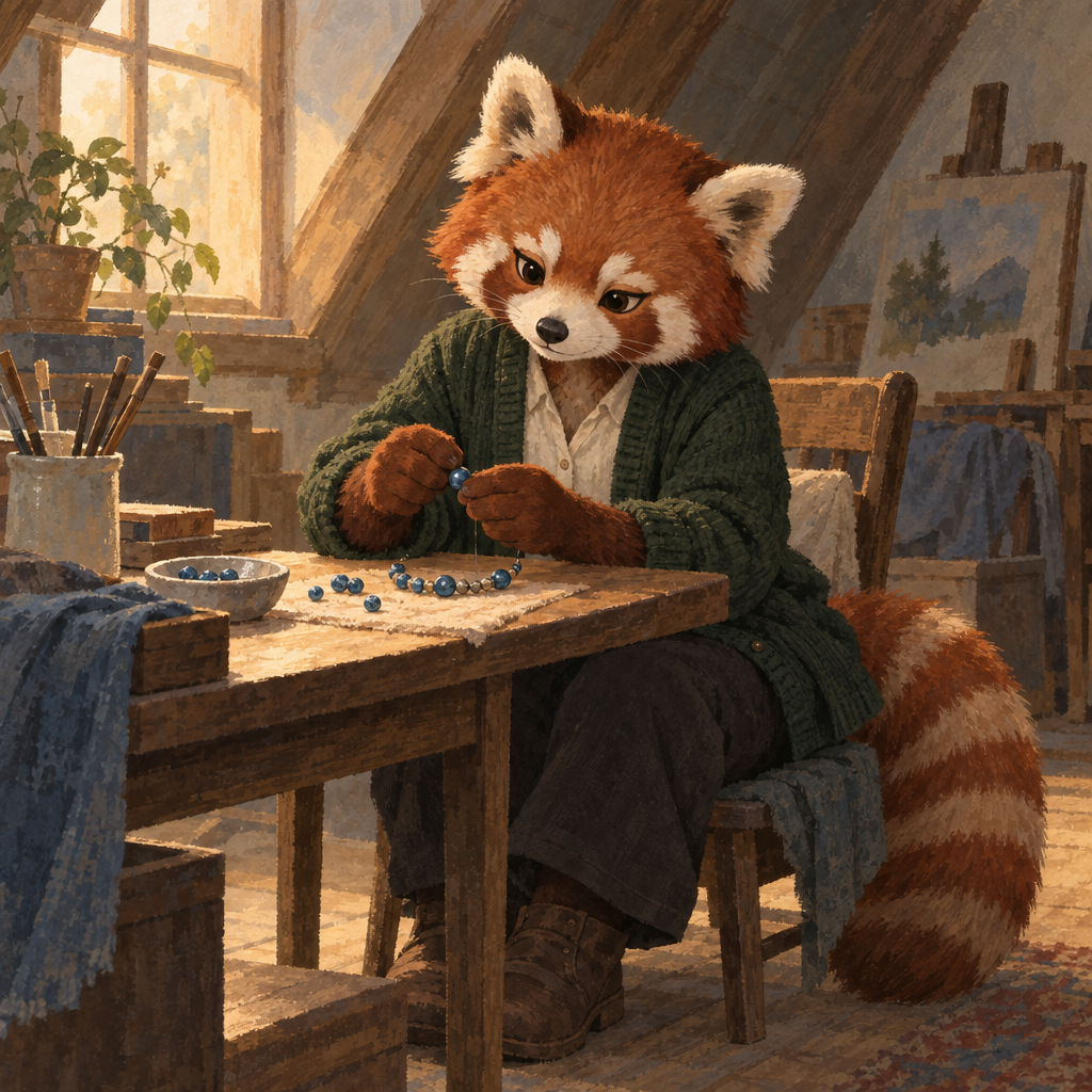 Red panda character in a green cardigan threading blue beads at a wooden table in a sunlit art studio.