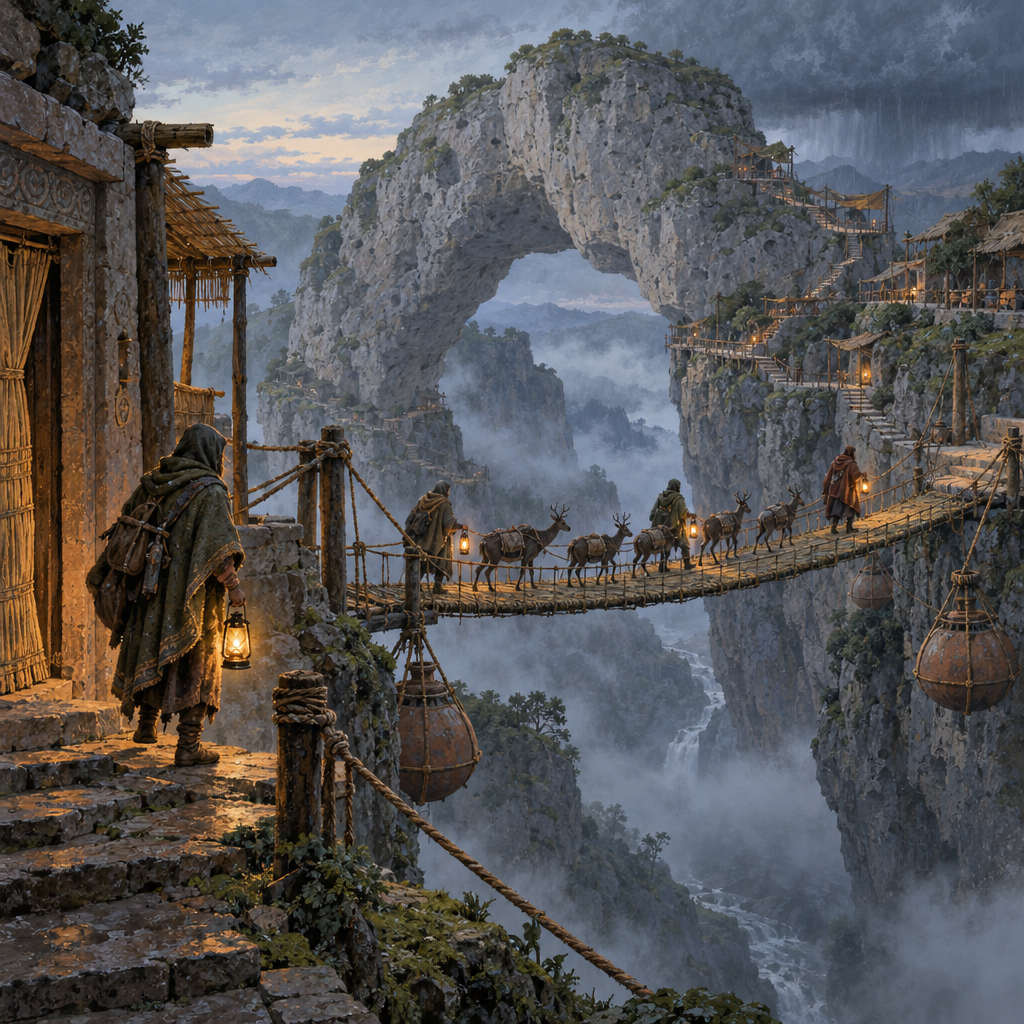 A lantern-lit rope bridge crosses a misty mountain ravine beneath a colossal natural stone arch. Cloaked herders guide antlered deer across the bridge, with cliffside timber shelters, stairs, tethering ropes, and hanging counterweights around them.