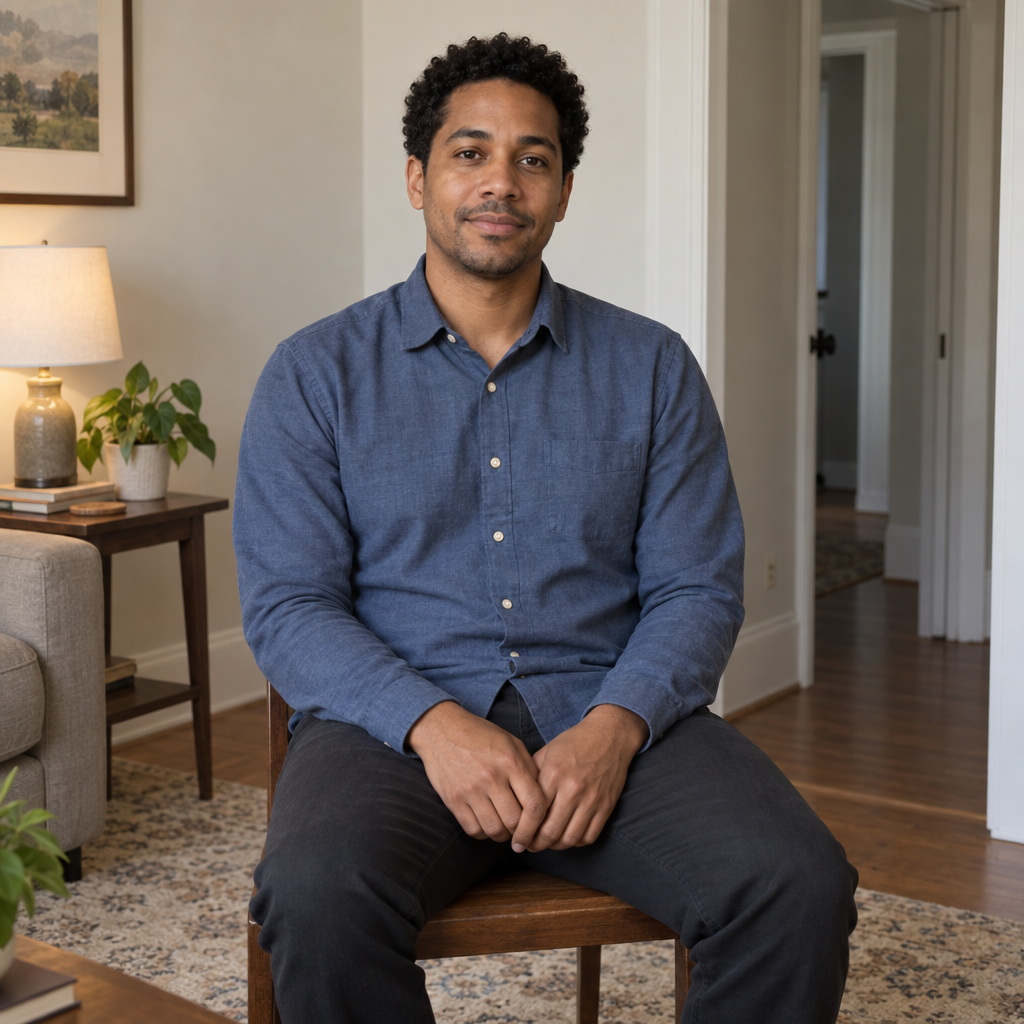 A man in a blue button-up shirt and dark trousers sits facing the camera with his hands on his lap. A lamp and side table are at left, and an open doorway is visible behind him at right.