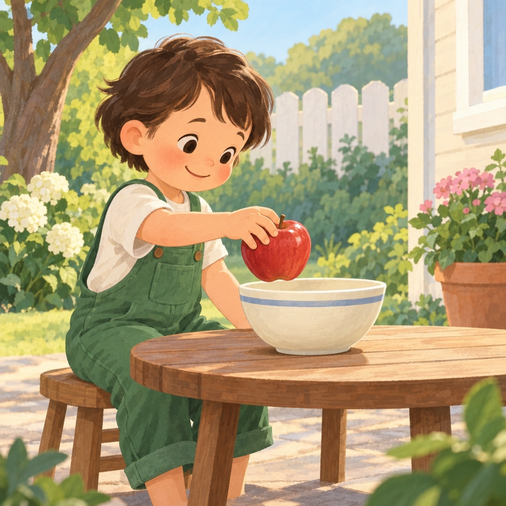 A child in green overalls sits at a wooden garden table, holding a red apple above a cream bowl. A leafy tree, white fence, flowering planter, and house fill the sunny background.