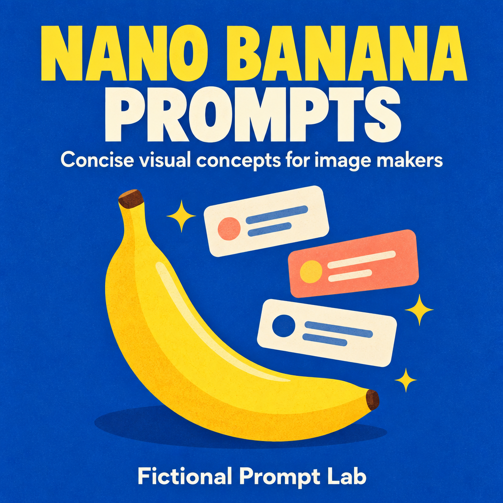 A square flat poster on a deep cobalt-blue background, with large yellow and ivory headline text above a bright yellow banana, three floating rounded cards with abstract lines and dots, and small yellow sparkles; a white footer reads “Fictional Prompt Lab.”