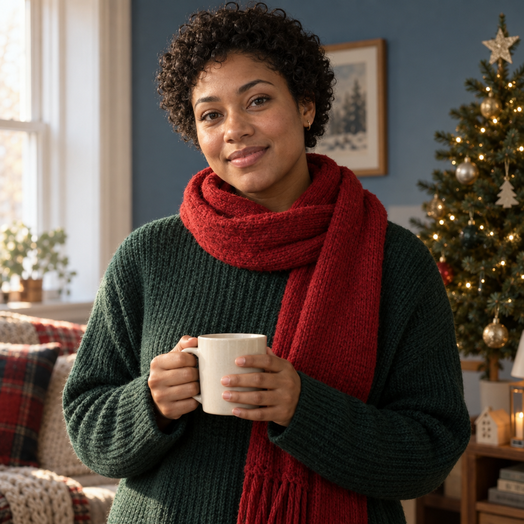 A curly-haired adult in a dark green sweater and red scarf holds a cream mug at chest height beside a lit Christmas tree, looking toward the camera in a warmly lit living room.