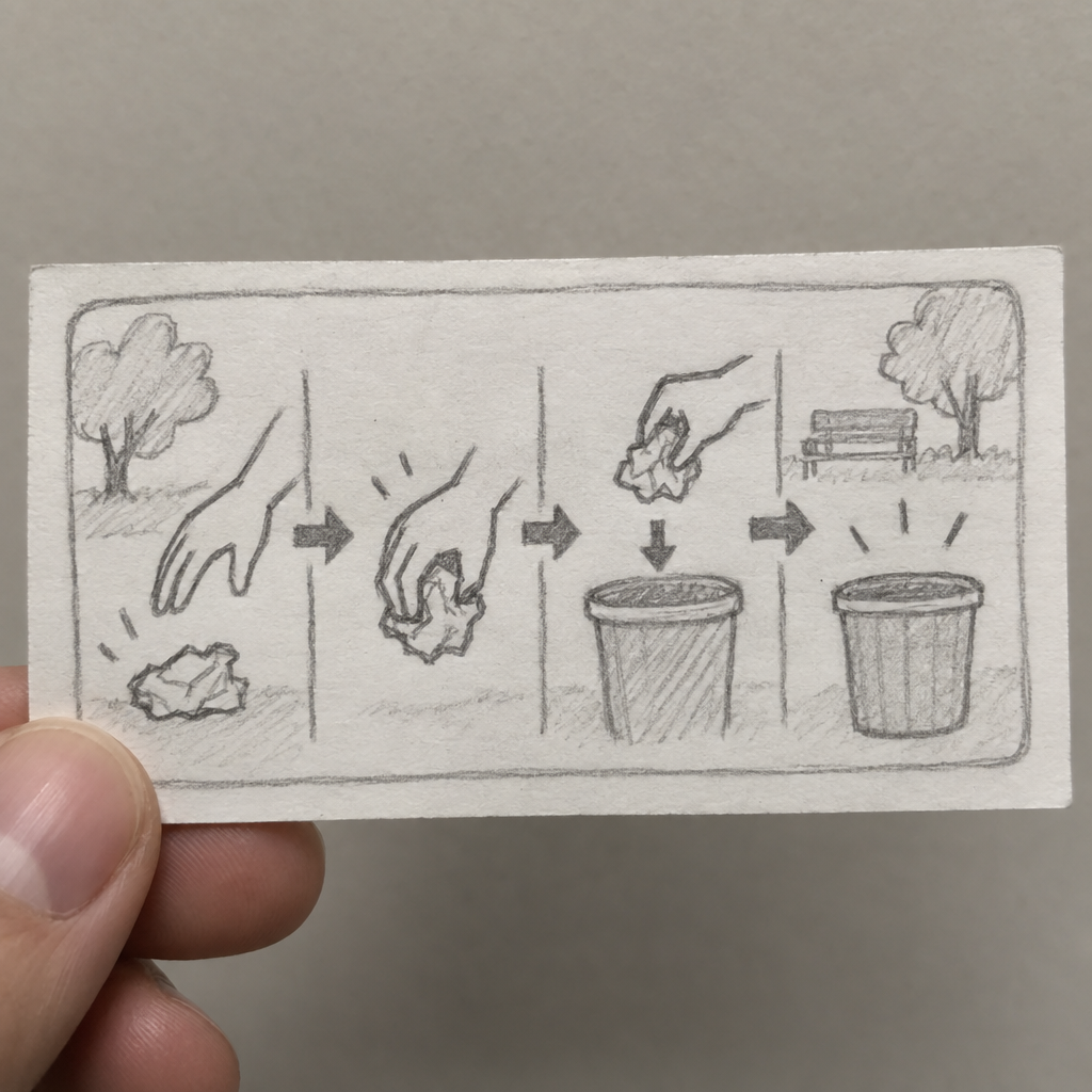 A hand holds a small pencil sketch of a four-panel card: a person picks up crumpled litter in a park and drops it into a trash bin, shown with arrows.