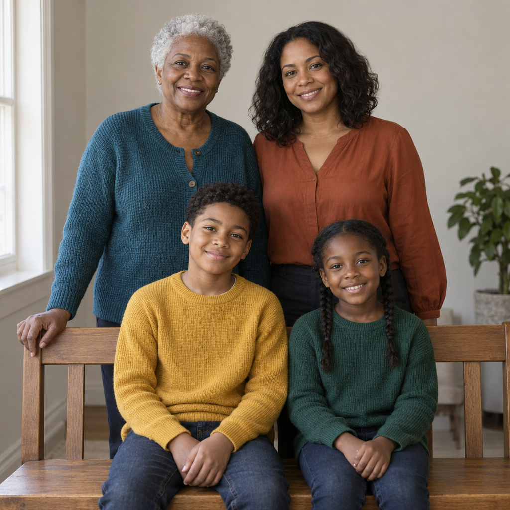 Four smiling family members pose in a living room: two adults stand behind two children seated side by side on a wooden bench. One adult rests a hand on the bench back; a leafy plant and bright window are visible at the sides.