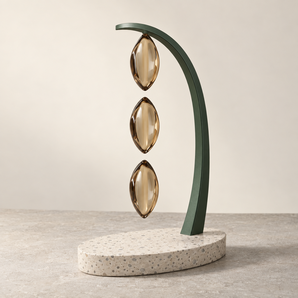 A tabletop sculpture on a pale stone slab, with a warm-white terrazzo oval base, a tall dark-green curved arch, and three glossy translucent amber almond-shaped forms suspended inside it against a warm cream background.