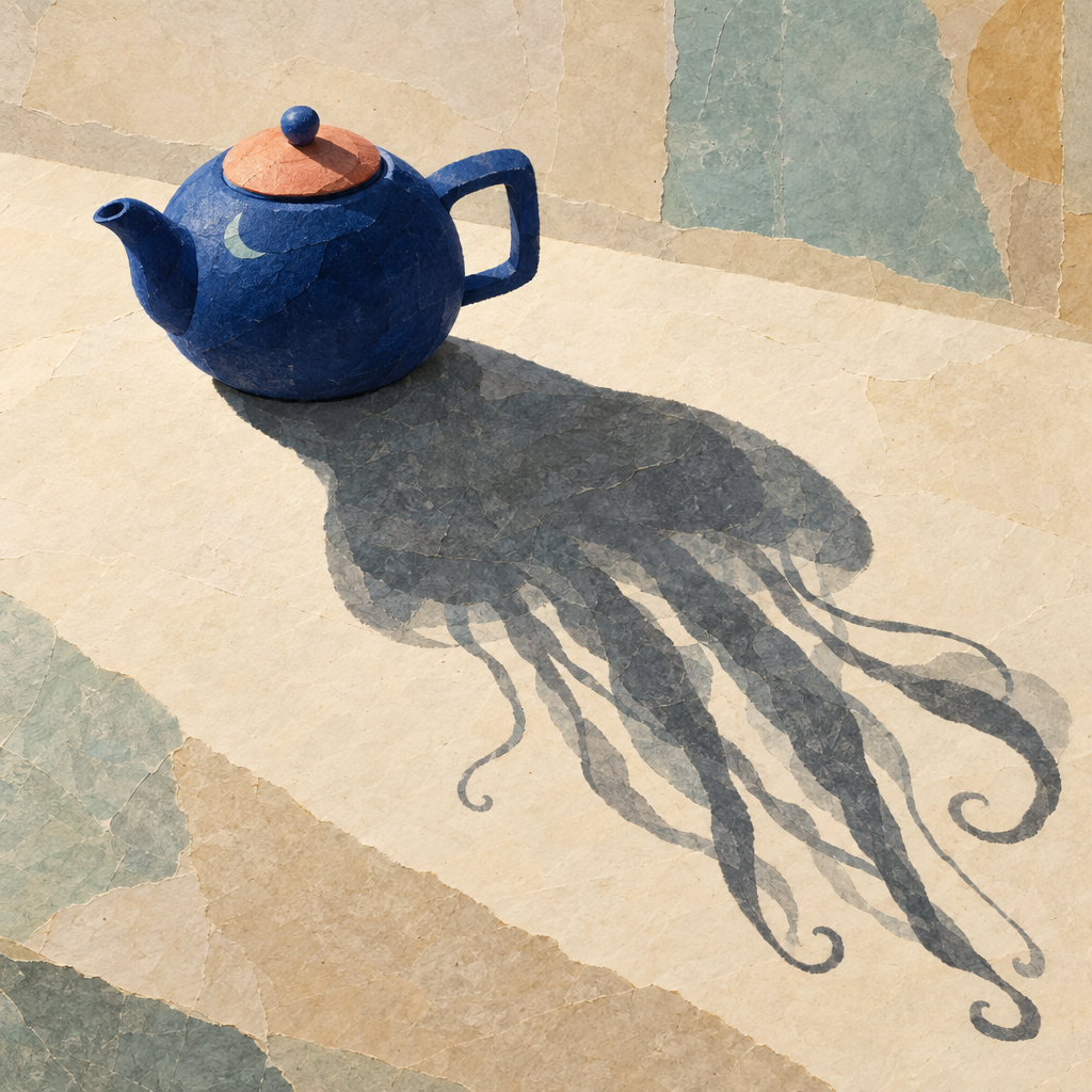 Paper-textured blue teapot casting a long jellyfish-like shadow across a cream surface.
