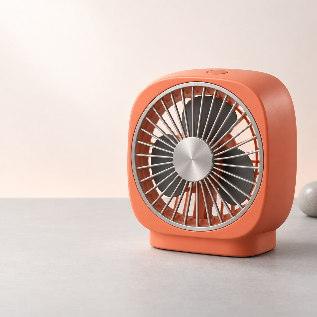 A coral-orange portable desk fan with a rounded rectangular housing sits on a matte light-gray tabletop, shown from a slightly angled front view with a circular metal grille and dark blades. It is positioned on the right side of a warm pale-peach studio scene, with broad empty space on the left and a small gray pebble behind it at far right.